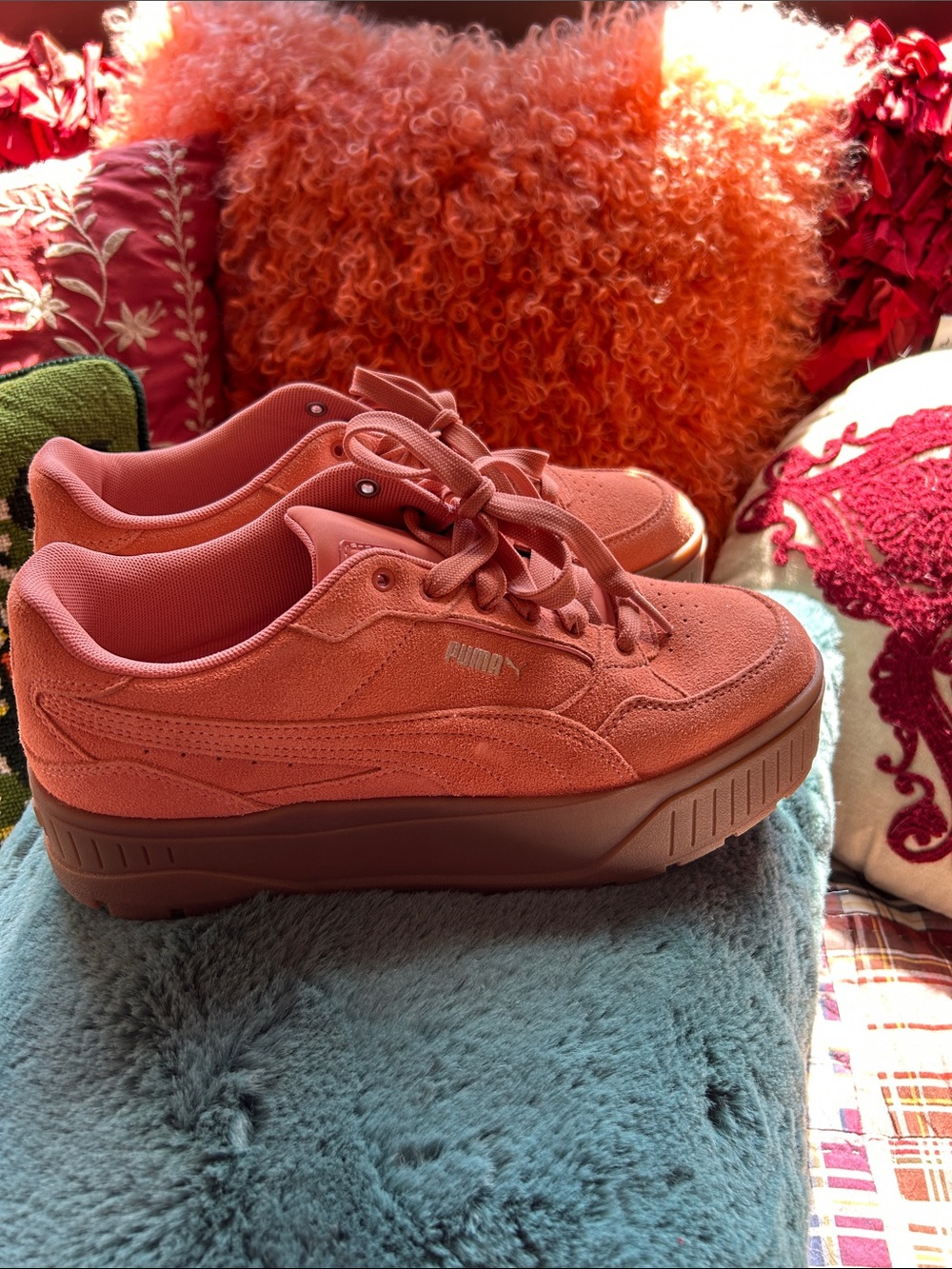 Puma Coral Pink Suede Platform Sneakers with Tan Sole